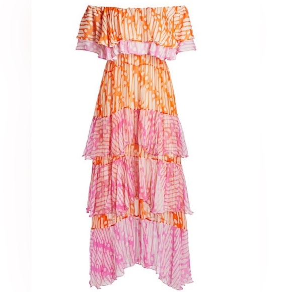 RHODE Dresses & Skirts - RHODE Ash Off The Shoulder Batik Orange Pink  Dress Tiered Maxi Ruffle S